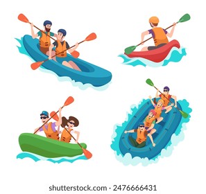 Kayaking. Water sport characters extreme rafting male and female active people exact vector illustrations set