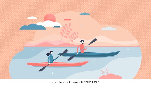 Kayaking water sport outdoor adventure with canoe boat tiny persons concept. Rowing activity in summer travel in sea or river vector illustration. Wild tourism expedition lifestyle with paddles scene.