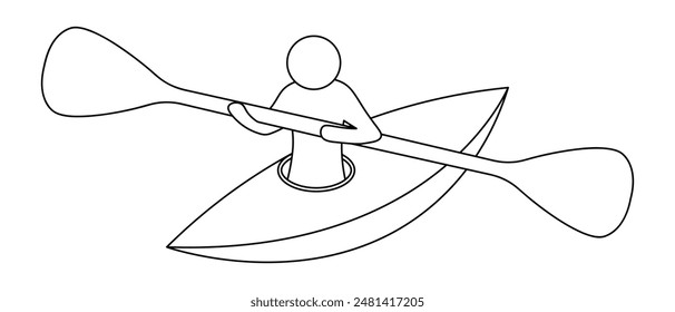 Kayaking. Water sport. Sketch. Vector illustration. A single athlete rows an oar while sitting in a kayak. Isolated background. Coloring book for children. Doodle style. Idea for web design. 