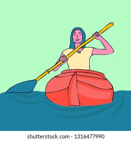 Kayaking woman Vector. Rafting. Vest Jacket, Paddle Oar, Kayak Boat. Kayaking Water Sport. Flat Cartoon Illustration rowing first-person. Beautiful cartoon. rowing outdoor fun. 