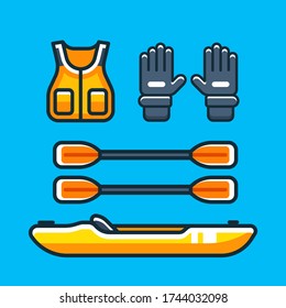 Kayaks Icons Illustration. Paddle, Gloves, Life Jacket. Rafting, Kayaking, Paddling and Canoeing activity.