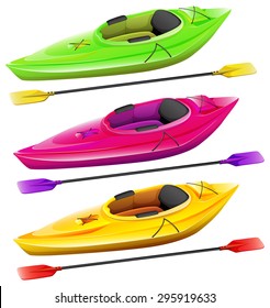 Kayaks and oars in three different colors