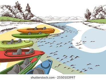 Kayaks en la orilla del río