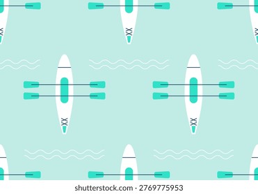 Kayaks with paddlers seamless pattern. Seamless pattern with Canoe, Kayak and paddles. Kayak and canoe for fishing and tourism. Outdoor activities. Vector Illustration