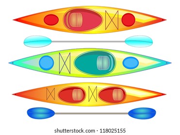 Kayaks and paddles- Three colorful kayaks, including a tandem two-seater, and two sets of paddles for summer fun. All layers labeled for easy editing.