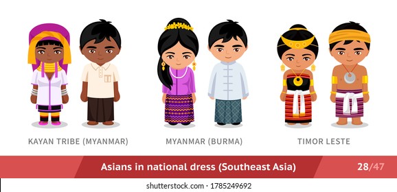 Kayan Tribe, Myanmar, Burma, Timor Leste. Men and women in national dress. Set of asian people wearing ethnic traditional costume. Isolated cartoon characters. Southeast Asia.