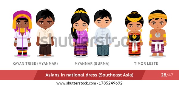 Kayan Tribe,\
Myanmar, Burma, Timor Leste. Men and women in national dress. Set\
of asian people wearing ethnic traditional costume. Isolated\
cartoon characters. Southeast\
Asia.