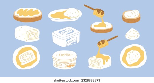 Kaymak with Bread and Honey Set. Tradirional Balkan and Turkish breakfast