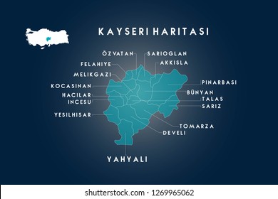 Kayseri districts, Ozvatan, felahiye, melikgazi, kocasinan, hacilar, incesu, yesilhisar, yahyali, sarioglan, akkisla, pinarbasi, bunyan, talas, sariz, tomarza, develi map, Turkey