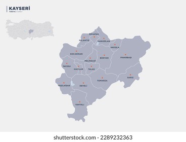 Kayseri province map of Turkey.