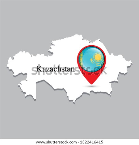 Kazachstan map with white shadow and country name on the map. Check-in point with a national flag on a gray background.