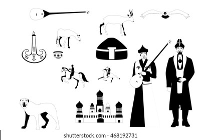 Kazahkstan ethnic theme vector icons set, monochrome illustration