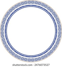 Kazakh Asian ornaments and patterns shaped like a circle. Blue and gold.  Patterned corners for design of ceramics, leaflets, banner, backgrounds, borders, postcards.