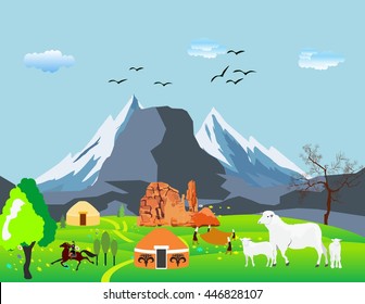 Kazakh aul, jurts,sheeps,mountains. Kazakhstan countryside, vector illustration.