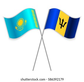 Kazakh and Barbadian crossed flags. Kazakhstan combined with Barbados isolated on white. Language learning, international business or travel concept.