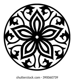 Kazakh black round pattern with flower. Flower patterned vector ornament