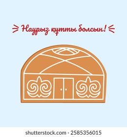 Kazakh blue poster "Happy Nauryz day!" with traditional Yurt. Spring equinox holiday in Kazakhstan. Hand drawn background with kazakh national home gingerbread cookie. Vector green illustration