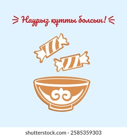 Kazakh blue poster "Happy Nauryz day!" with traditional tea bowl and candies. Spring equinox holiday in Kazakhstan. Hand drawn background with kazakh national home gingerbread cookie