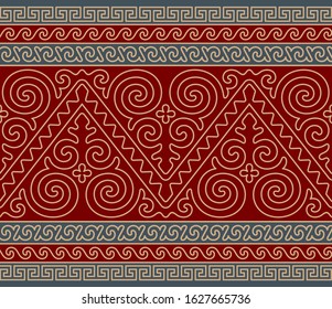 Kazakh carpet ornaments. Seamless traditional patterns of Kazakhs. Background, texture, design life of nomads. Ancient Turkic ornaments. Customs and traditions of Kazakhstan. Decorative art of nomads