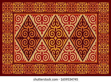 Kazakh carpet ornaments. Traditional patterns of Kazakhs. Background, texture, design life of nomads. Ancient Turkic ornaments. Art, customs and traditions of Kazakhstan. Decorative art of nomads