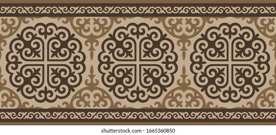 Kazakh carpet ornaments. Traditional patterns of Kazakhs. Background, texture, design life of nomads. Ancient Turkic ornaments. Art, customs and traditions of Kazakhstan. Decorative art of nomads