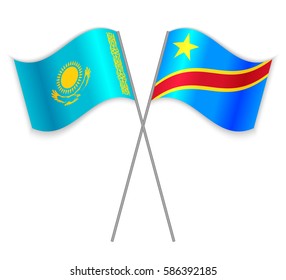 Kazakh and Congolese crossed flags. Kazakhstan combined with Democratic Republic of the Congo isolated on white. Language learning, international business or travel concept.
