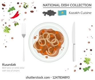 Kazakh Cuisine. Asian national dish collection. Kuurdak isolated on white, infograpic. Vector illustration
