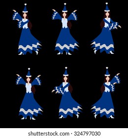 Kazakh dancers in traditional blue dresses wearing hats with feathers
