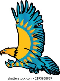 Kazakh Eagle soars in the sky. The flag of Kazakhstan covers the wings of an Eagle. A Cool Eagle is exploring its territory. National vector illustration.