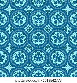 Ornamento nacional étnico cazaque. Padrão de ornamentos azul claro vetorial em um plano de fundo azul escuro. Padrão contínuo.