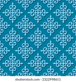 Kazakh ethnic ornament. Vector blue ornaments pattern on a dark blue background. Seamless pattern.