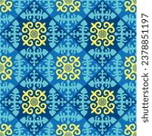 Kazakh ethnic ornament. Vector yellow ornaments pattern on a blue background. Seamless pattern.