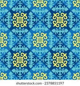 Kazakh ethnic ornament. Vector yellow ornaments pattern on a blue background. Seamless pattern.