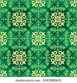 Kazakh ethnic ornament. Vector yellow ornaments pattern on a green background. Seamless pattern.