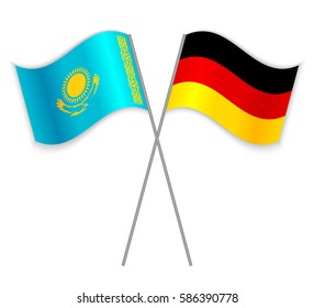 Kazakh and German crossed flags. Kazakhstan combined with Germany isolated on white. Language learning, international business or travel concept.