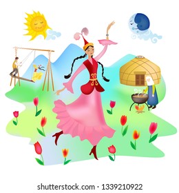 Kazakh girl dancing at Nauryz holiday. In the background are altybakan, a yurt, an elderly woman with a cauldron, mountains and tulips. In the sky cartoons sun and moon. Vector.