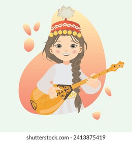 kazakh girl with dombyra vector illustration