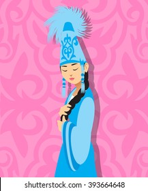 Kazakh girl in traditional clothes vector illustration. Pink background with ornaments. 