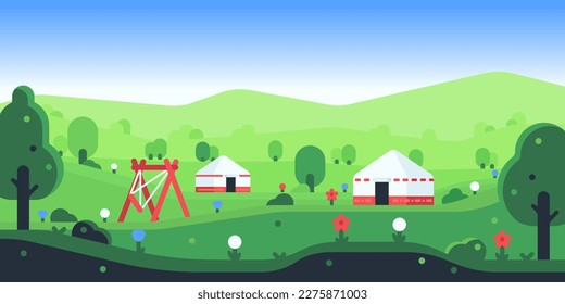 Kazakh holiday Nauruz vector landscape panorama. Spring equinox holiday. Yurt, altybakan, flowers. Happy Nowruz Holiday