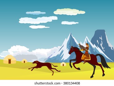 A  kazakh hunter rider with a hunting bird eagle, greyhound, vector landcape, blue sky, countryside in background