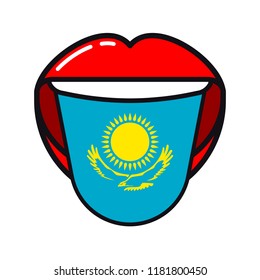 Kazakh language tongue with flag Kazakhstan open woman smile mouth flat icon