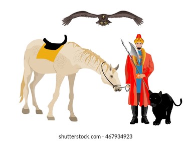 Kazakh man in ethnical dress with horse and hunting panther