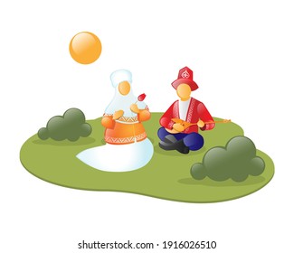 Kazakh man in national costume plays the dombra. Kazakh woman holding a tulip in her hands. Celebrating Nauryz. Vector illustration