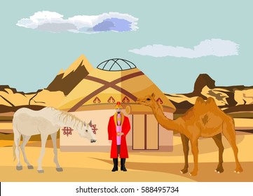 Kazakh man nomad and dwelling jurt, horse and camel in wild nature