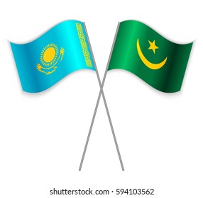 Kazakh and Mauritanian crossed flags. Kazakhstan combined with Mauritania isolated on white. Language learning, international business or travel concept.