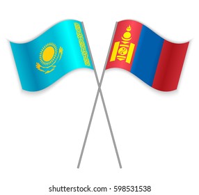 Kazakh and Mongolian crossed flags. Kazakhstan combined with Mongolia isolated on white. Language learning, international business or travel concept.