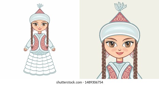 Kazakh national costume. Girl in ethnic clothes of Kazakhstan. Kazakh girl. 