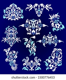 Kazakh national Islamic ornaments. Set of ten ornate motifs and elements for custom designs, patterns, backgrounds, logo. Simple elegant floral patterns in arabesque, nomadic ethnic style. 