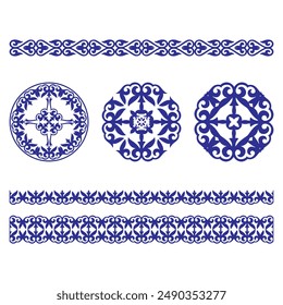 Kazakh national Islamic seamless ethnic ornaments. Monochrome Kazakh ornament of curls, spirals on white background. Set of ornate muslim borders, dividers and frames for covers, certificates, diploma