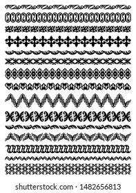 Kazakh national Islamic seamless ornaments. Set of ornate muslim borders, dividers and frames for covers, certificates or diplomas. Simple elegant line patterns in arabesque, nomadic ethnic style. 